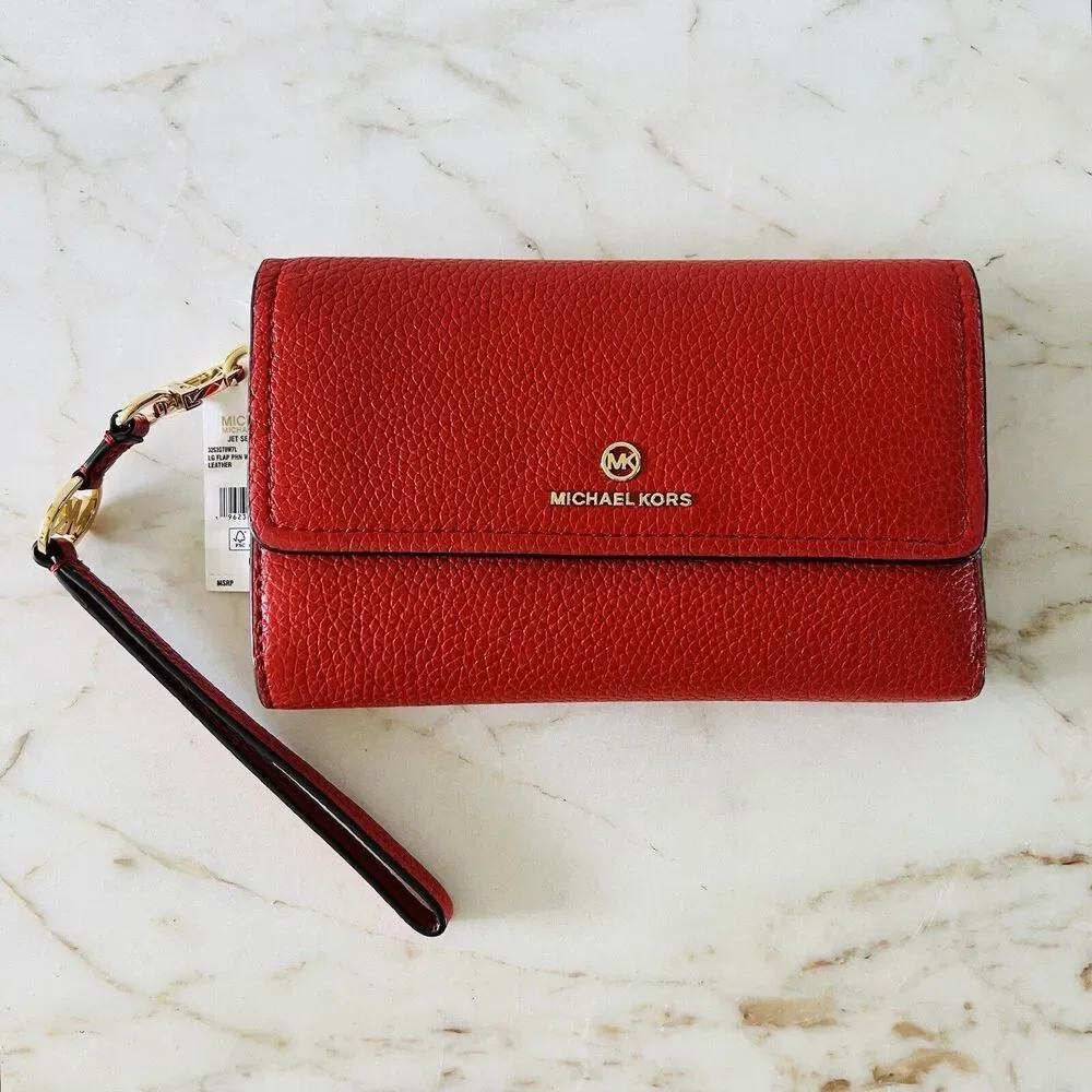 MICHAEL KORS Jet Set Charm Red Terracotta Leather Flap Phone Wallet Wristlet
