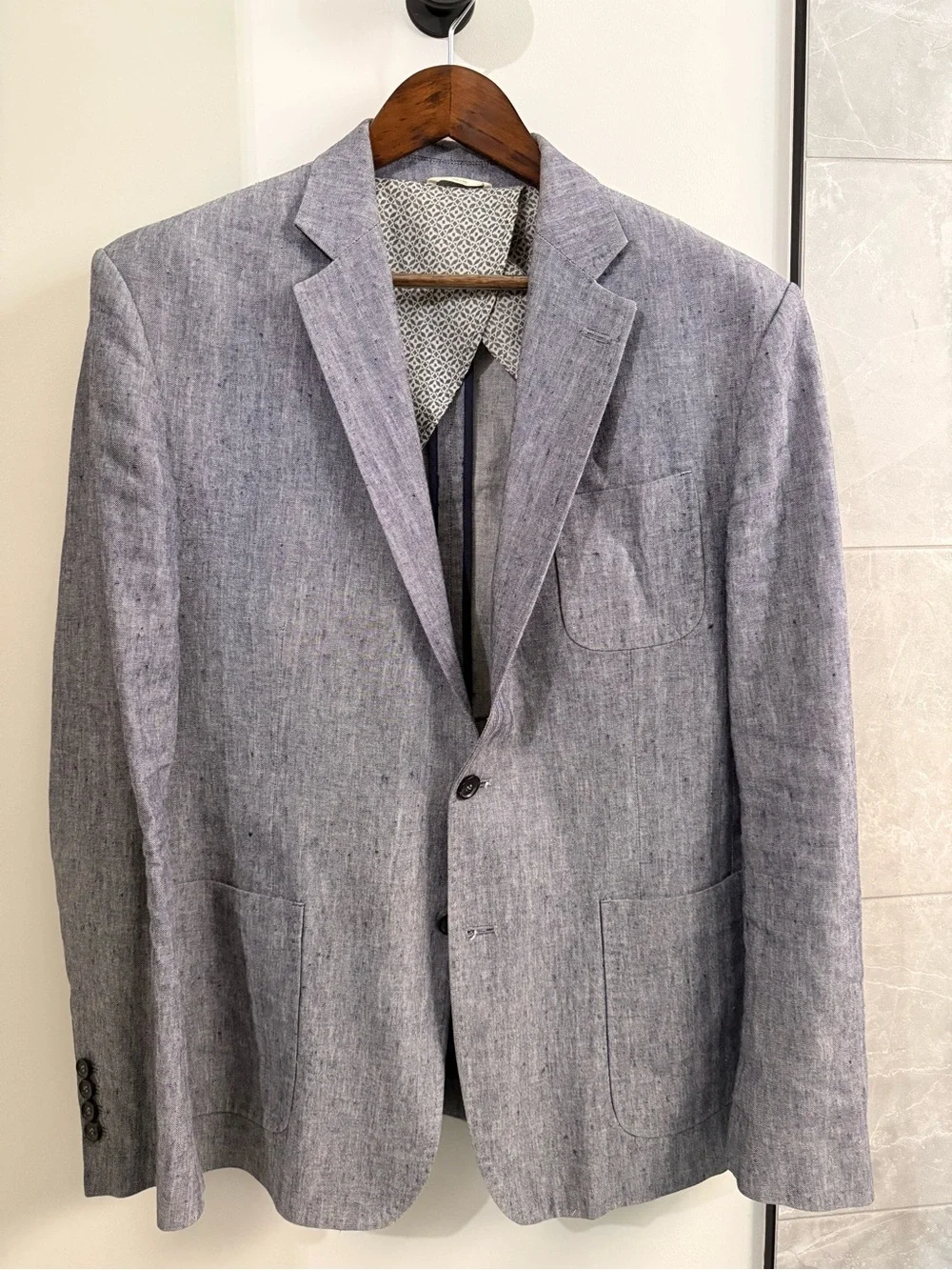 Men's Light Gray/Blue Linen-Blend Blazer - Classic Two-Button