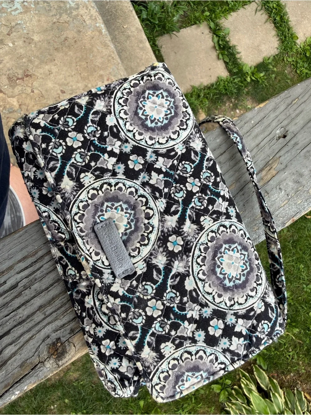 Vera Bradley Black Medallion Quilted Wristlet Crossbody with Teal Accents