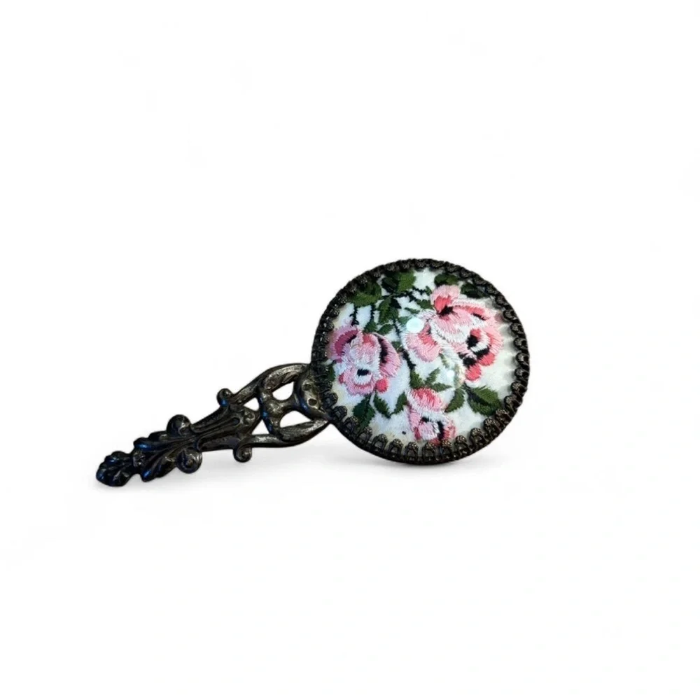 VTG Victorian Pocket Hand Mirror Brass Handle Floral Embroidery Domed Glass
