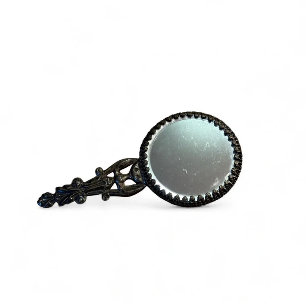 VTG Victorian Pocket Hand Mirror Brass Handle Floral Embroidery Domed Glass
