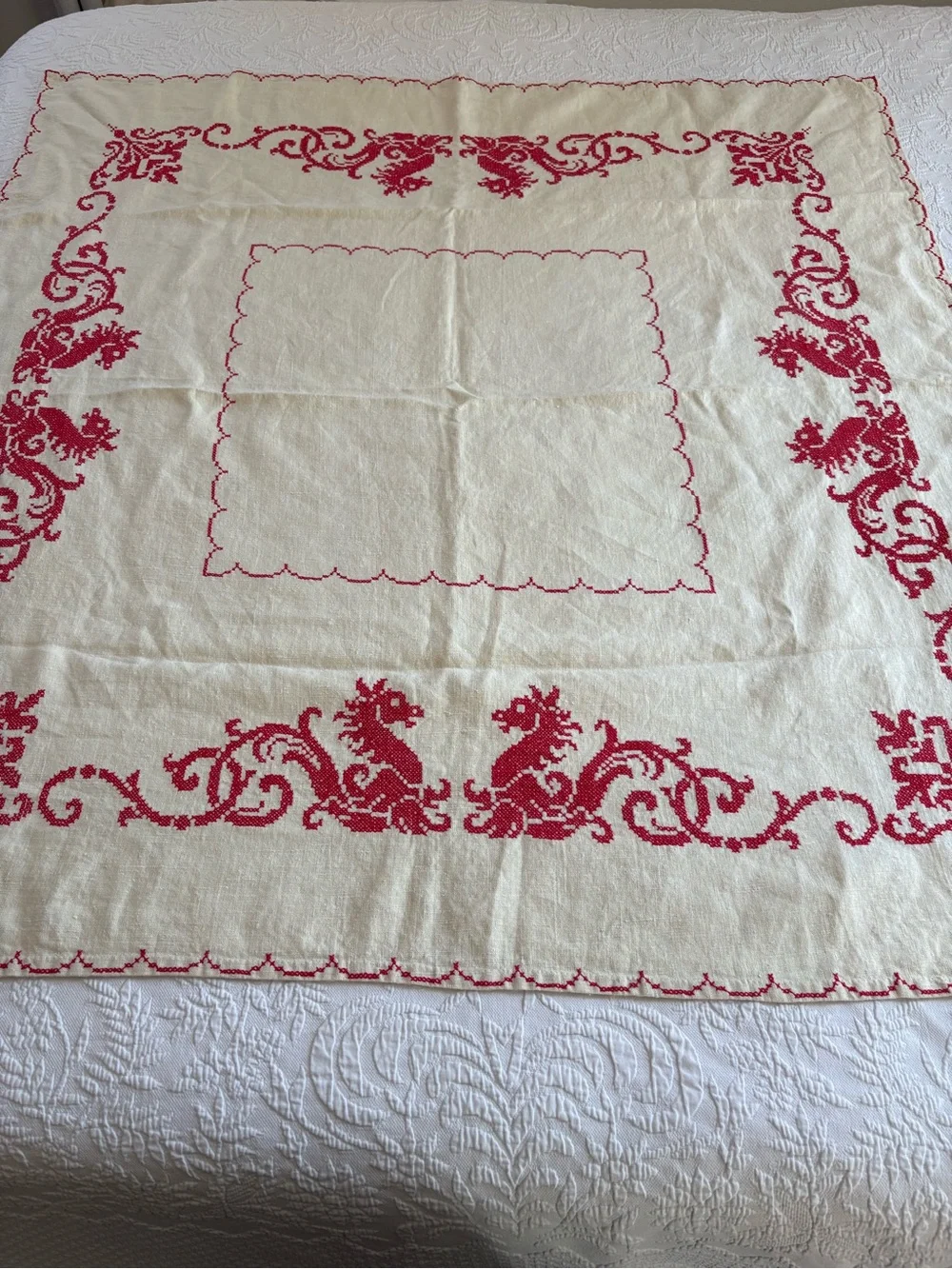Vintage Red and Cream Embroidered Dining Tablecloth