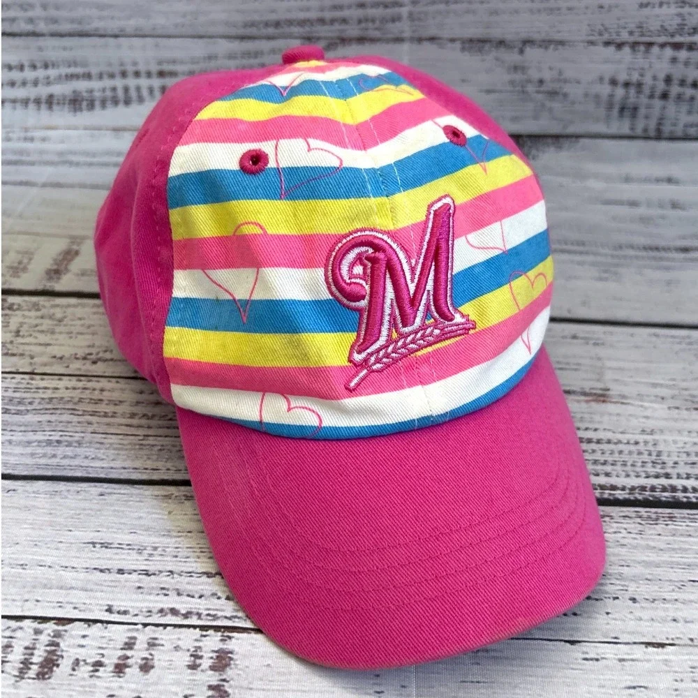 Fan Favorite Milwaukee Brewers Baseball Cap Toddler Pink Striped Heart Logo