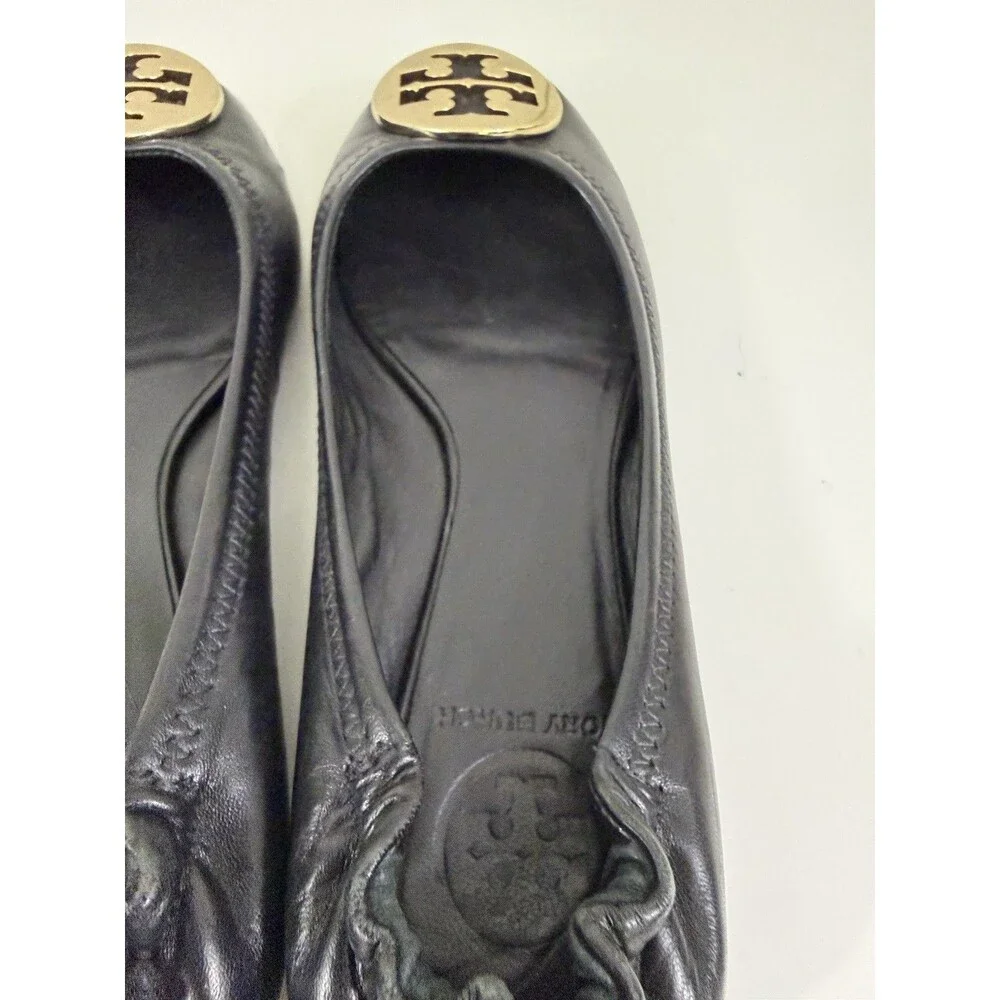 Tory Burch Reva Black Leather Gold Logo Medallion Ballet Flats Women’s Sz 7