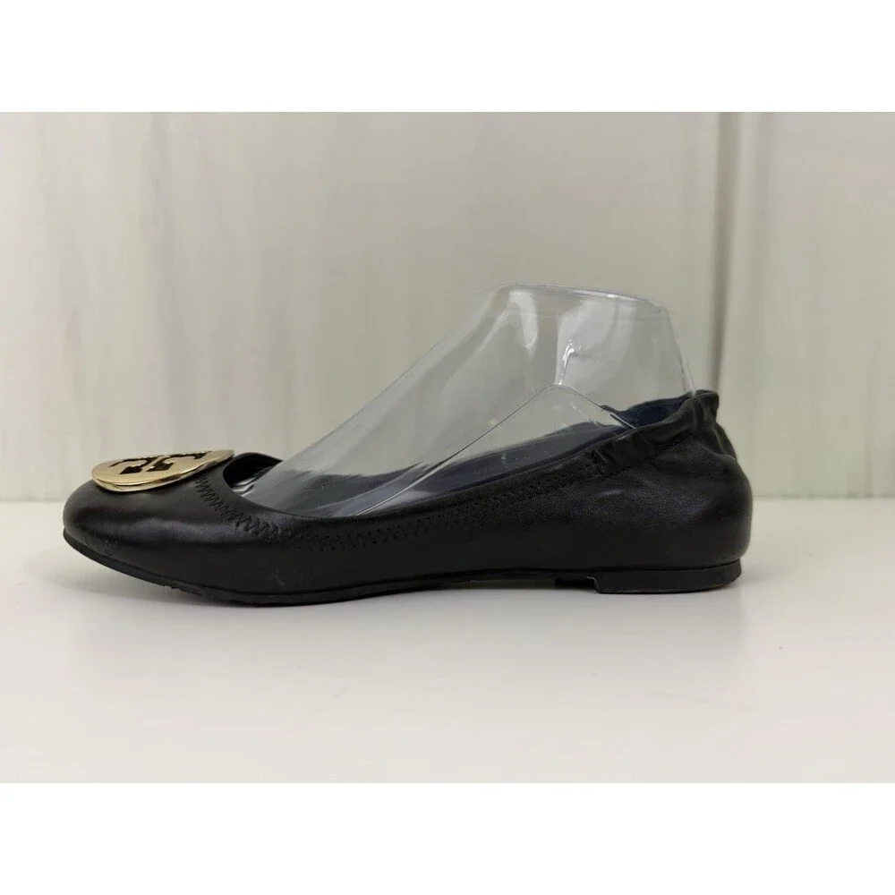 Tory Burch Reva Black Leather Gold Logo Medallion Ballet Flats Women’s Sz 7