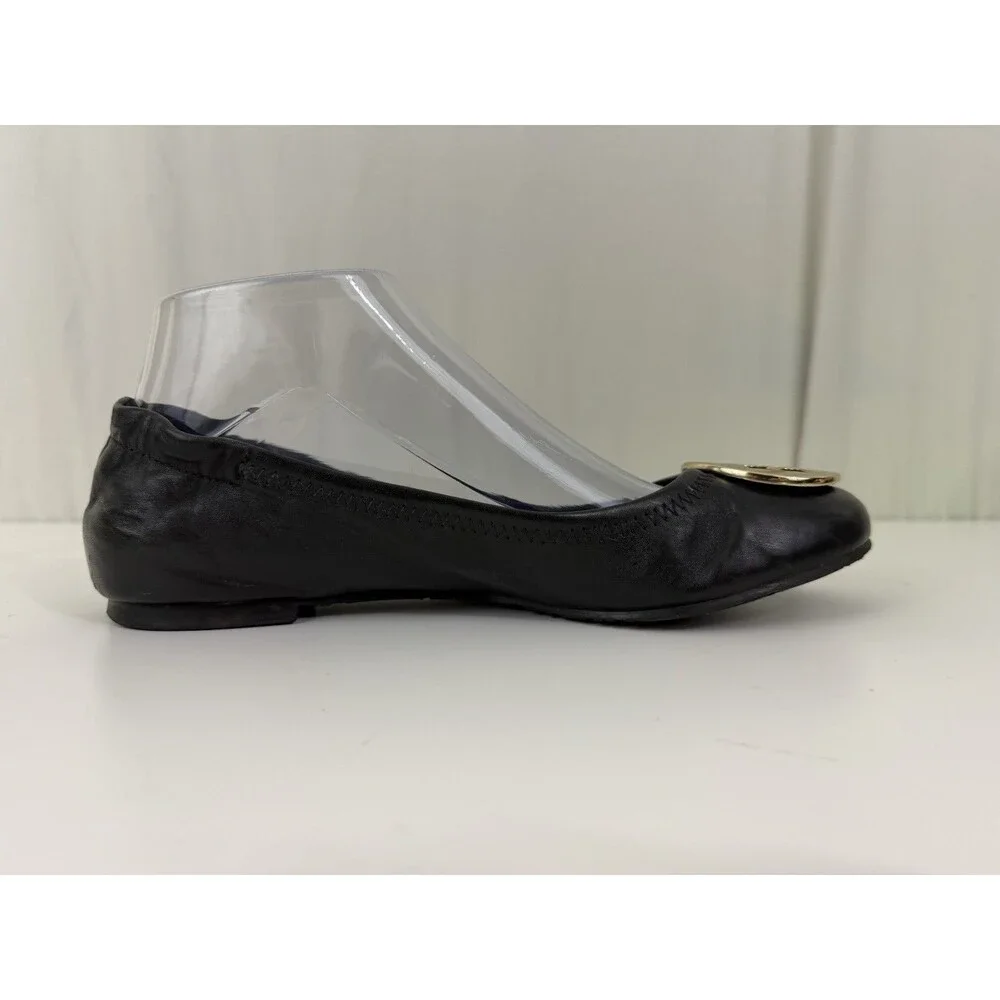 Tory Burch Reva Black Leather Gold Logo Medallion Ballet Flats Women’s Sz 7