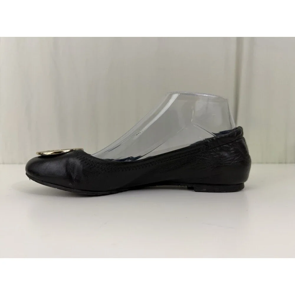 Tory Burch Reva Black Leather Gold Logo Medallion Ballet Flats Women’s Sz 7