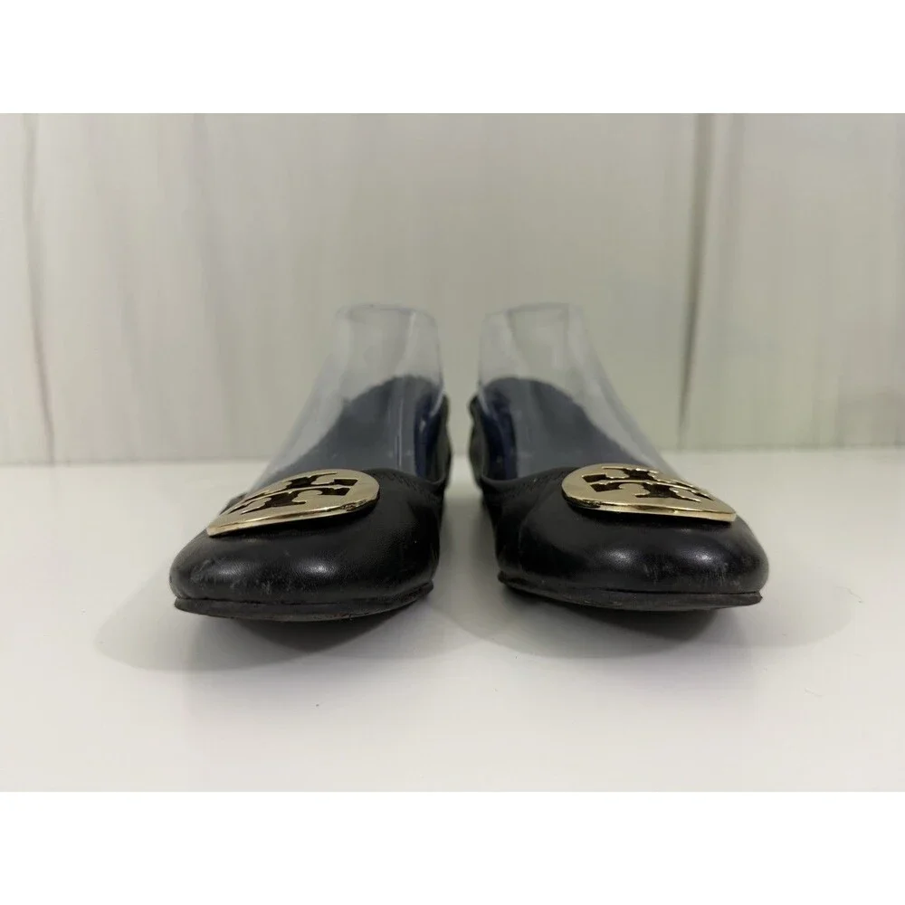 Tory Burch Reva Black Leather Gold Logo Medallion Ballet Flats Women’s Sz 7