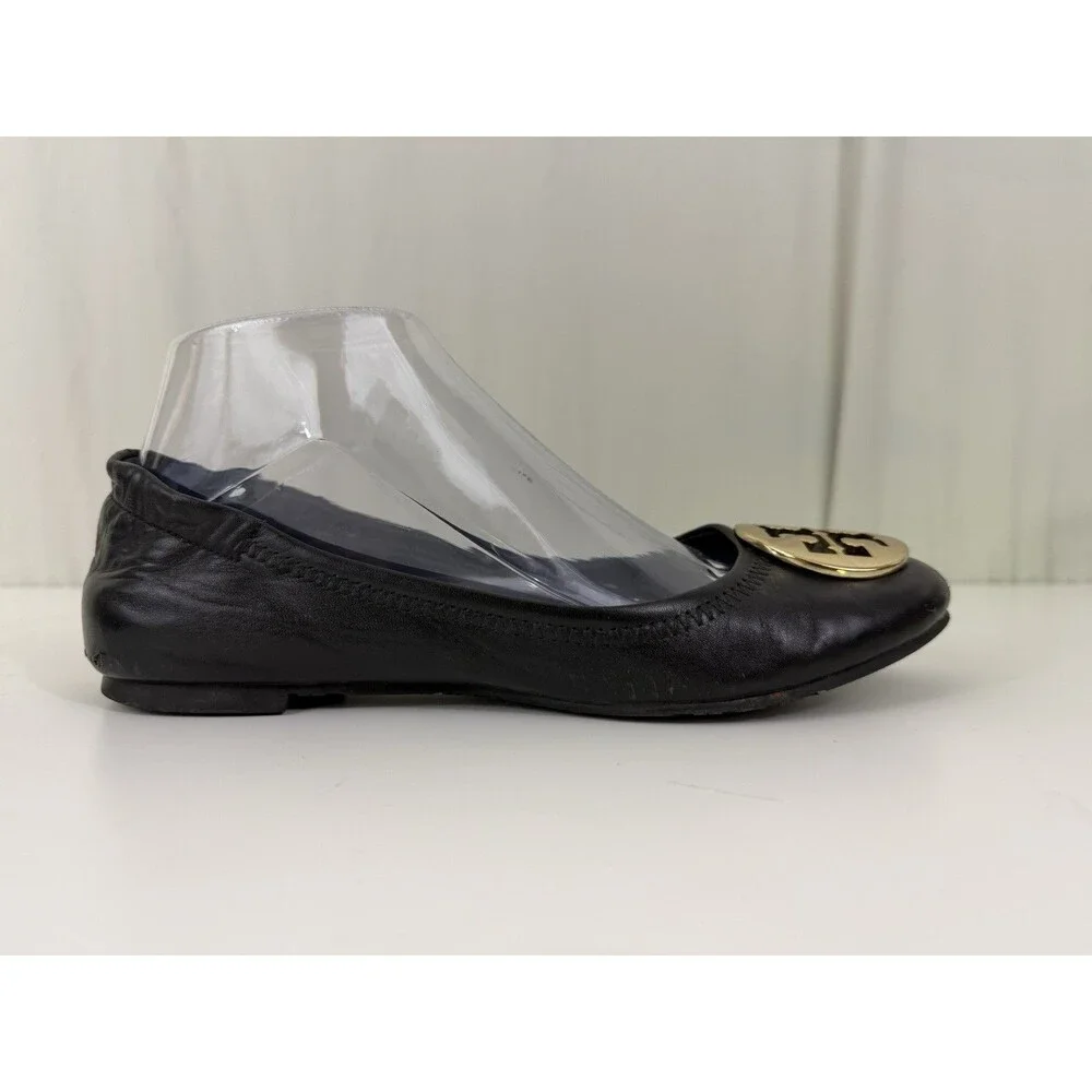 Tory Burch Reva Black Leather Gold Logo Medallion Ballet Flats Women’s Sz 7