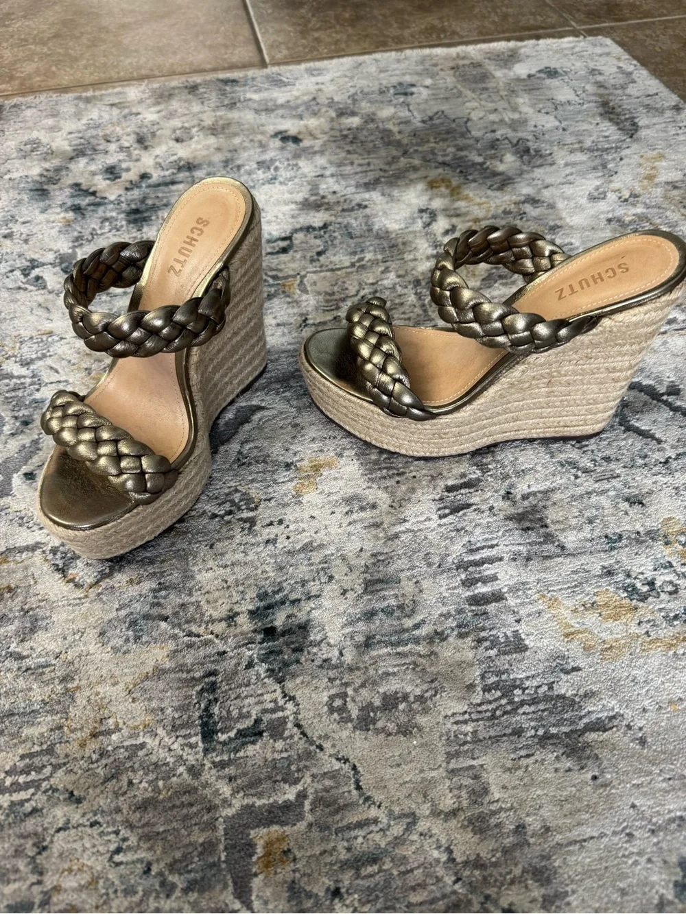 SCHUTZ Metallic Braided Espadrille Wedge Sandals - Gold