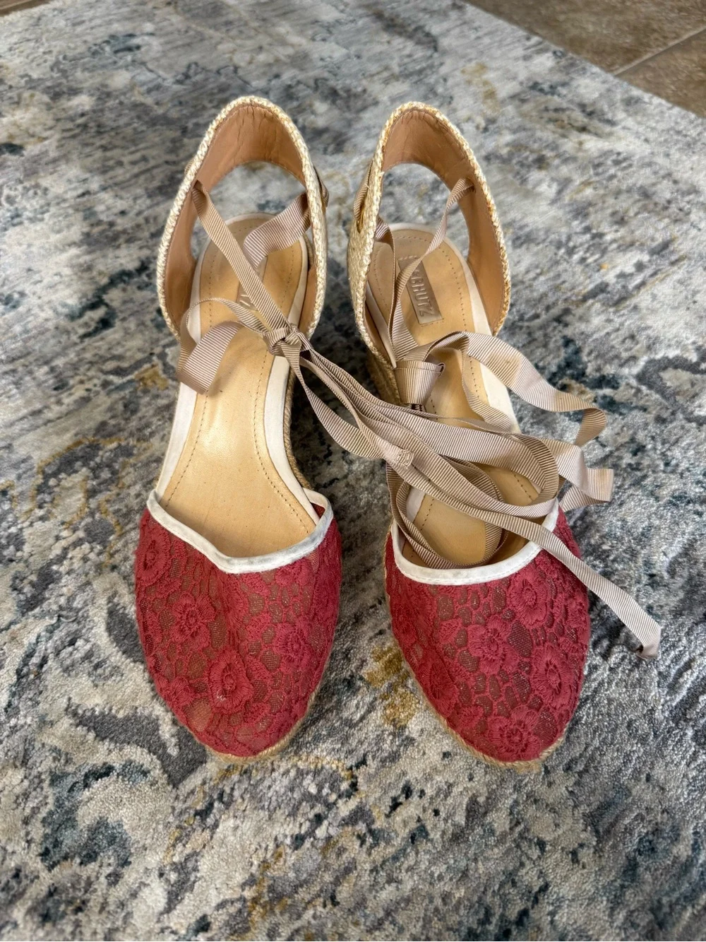 SCHUTZ Red Lace Espadrille Wedges with Tan Ankle Ties