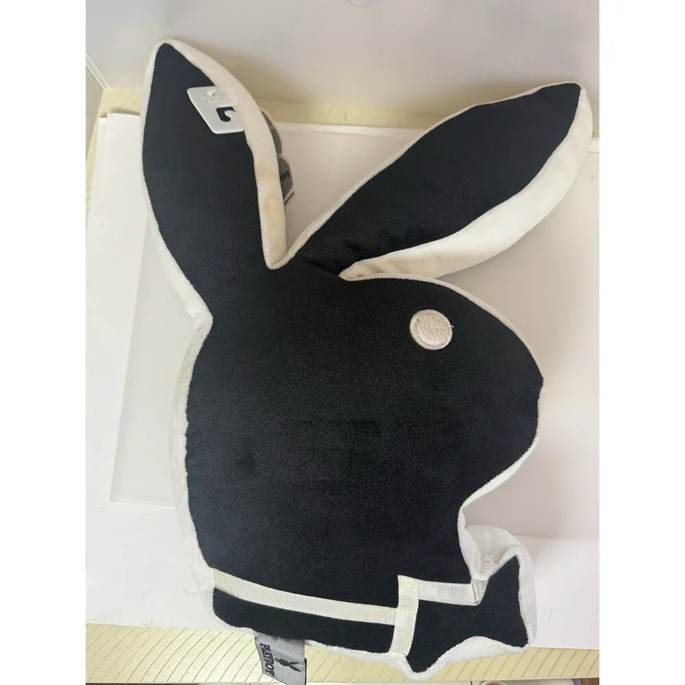 Vintage 2003 Playboy Bunny Head Shaped Pillow Black White Plush w/ Tags, Y2K