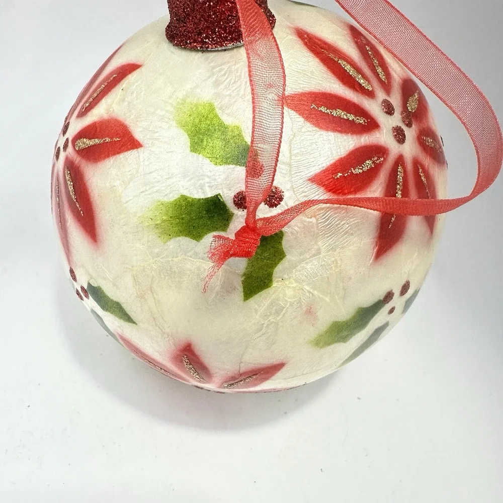 Hand Painted Capiz Shell Holiday Ornament Poinsettias 3inch Christmas