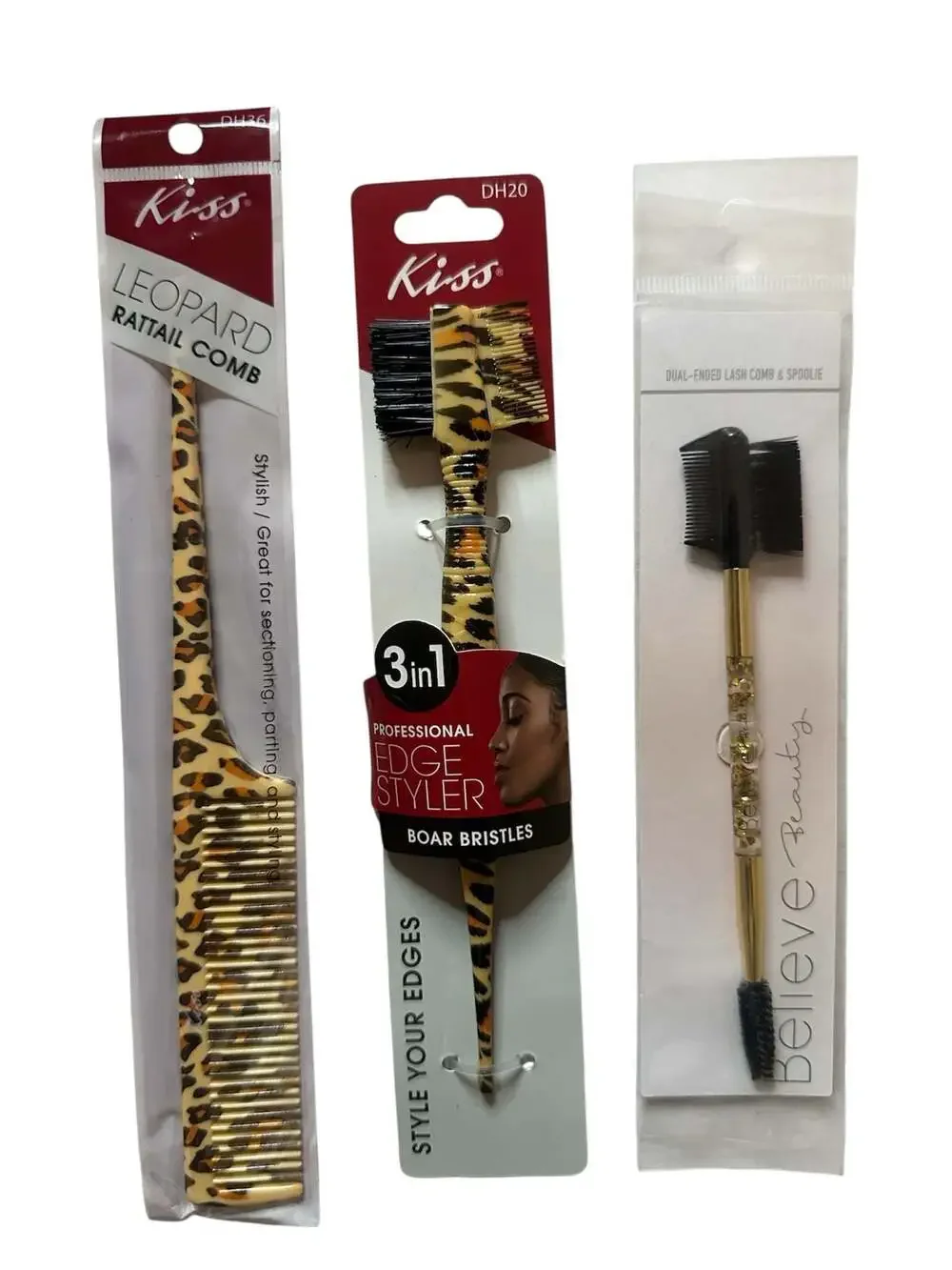 Kiss Leopard Rattail Comb and 3-in-1 Professional Edge Styler, and Believe Beaut