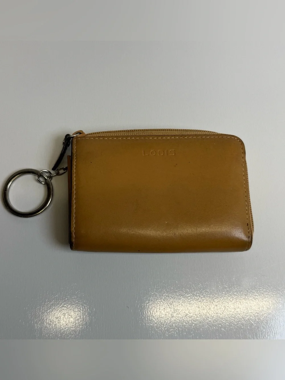 Lodis Cream Tan Teal Leather Mini Wallet Credit Card Holder Key Ring Zip Around