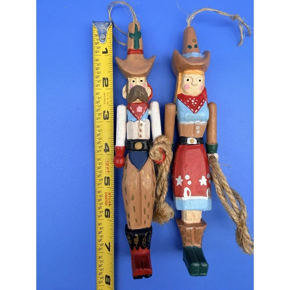 Vintage Wood Cowboy Cowgirl Christmas Ornaments Pair Western Folk Art Rope