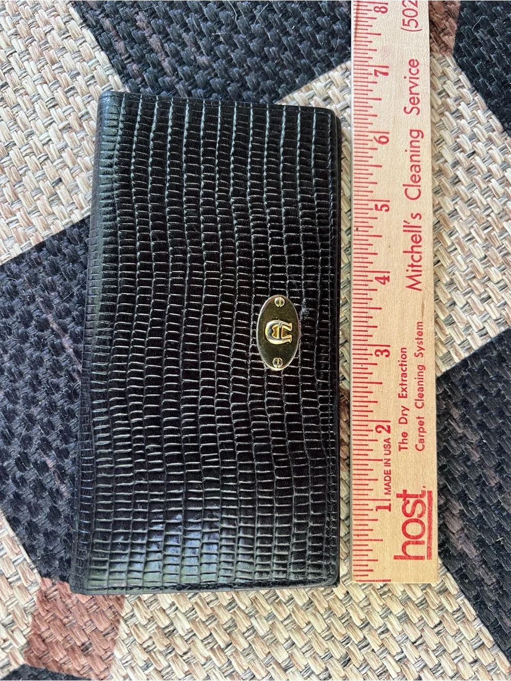 Vintage Etienne Aigner Black Mock Croc / Lizard Embossed Checkbook Cover Wallet