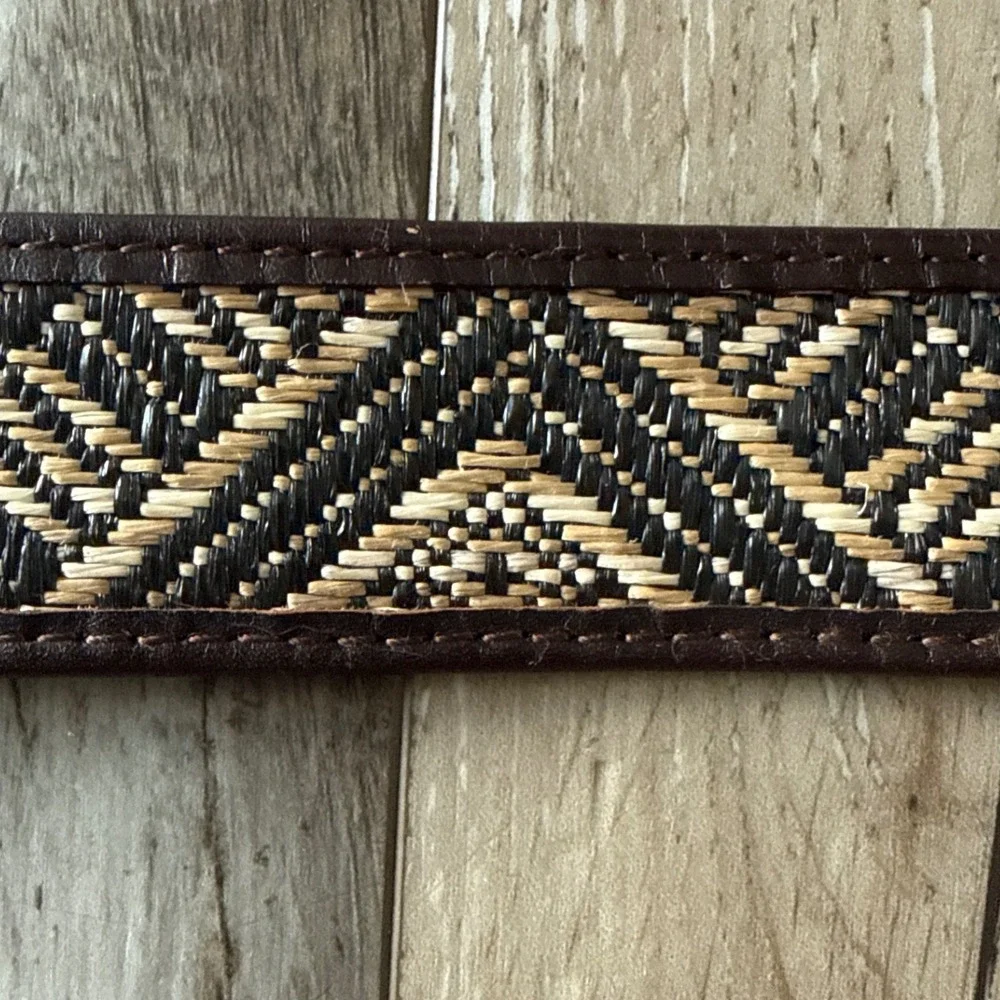 Tory Burch Boho Woven Leather Belt XS Brown Black Cream Geometric Gold Buckle
