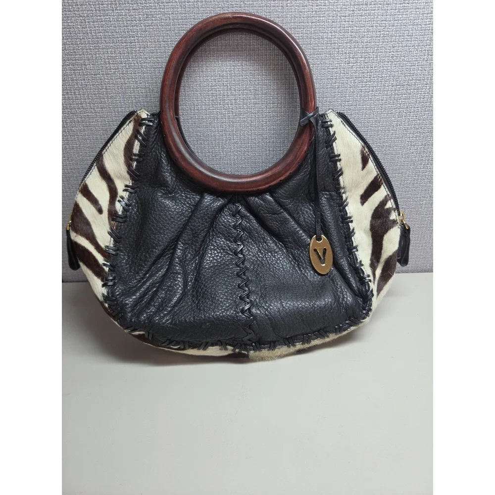 Vtg Vanessa Zebra Print calfhair & pebbled leather Hobo Handbag Wood Handle