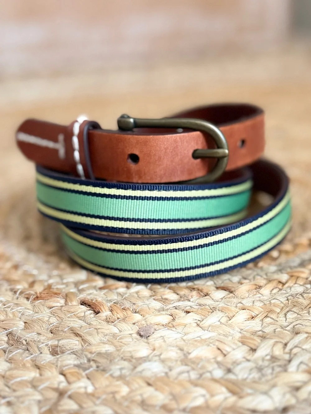 🌾 Sperry Women’s Leather Belt with Green and Navy Striped Nylon