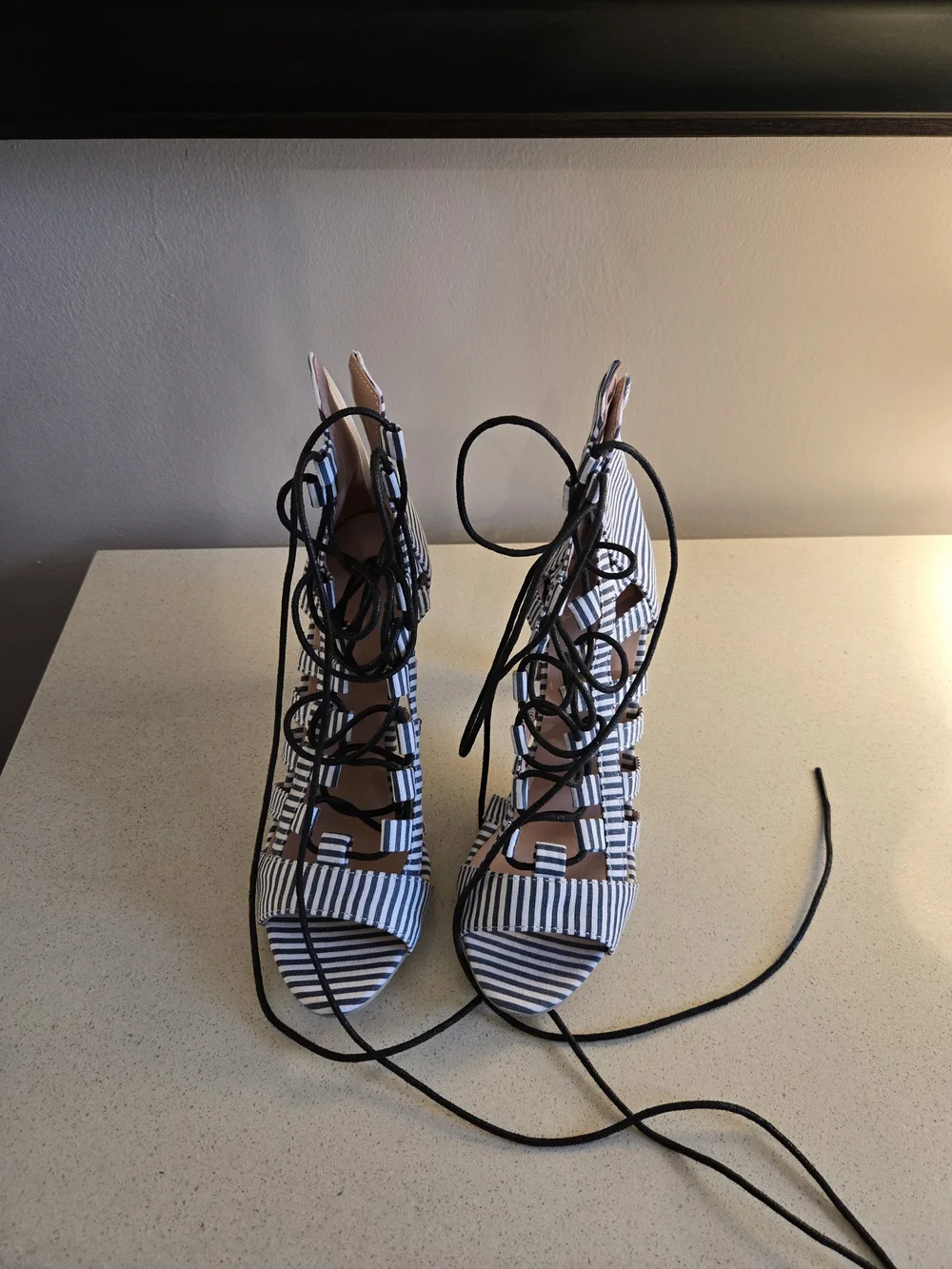 Striped Lace-Up Women’s Sandals in Black & White
