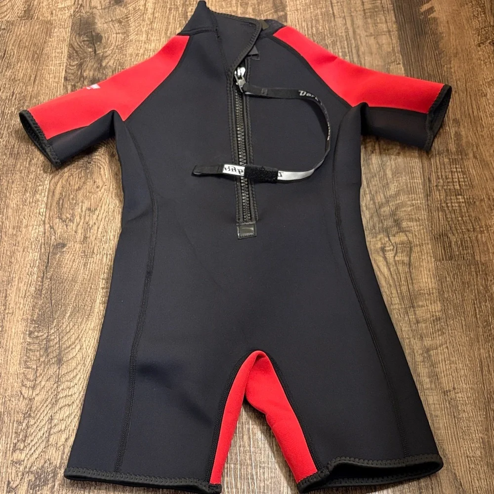 Kids Dark Lightning Black and Red Swim Wetsuit Shorty