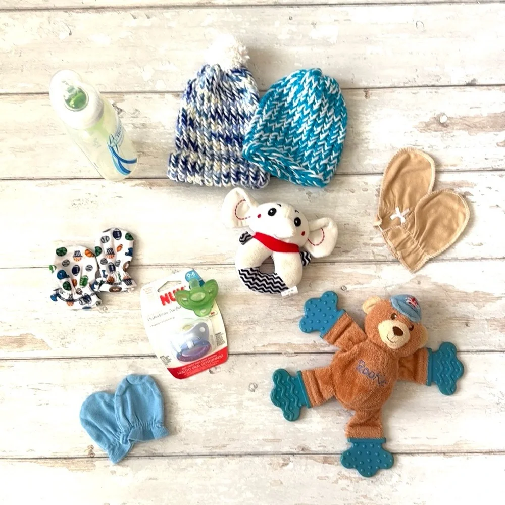 Newborn Baby Boy Bundle Lot Dr Browns Bottle Teethers Hand Mittens Toys Hats