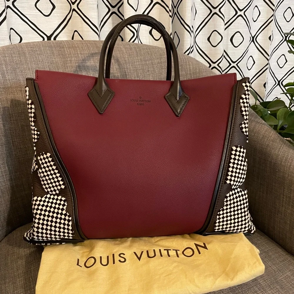 Louis Vuitton Burgundy and Brown Tote with Black-and-White Patterned Sides