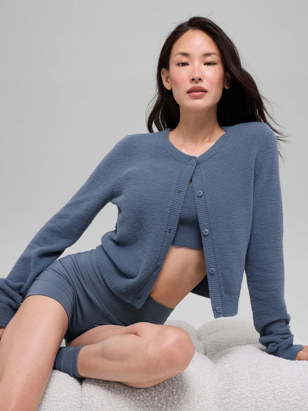 ALO Yoga Dusty Blue Button-Front Crewneck Cardigan