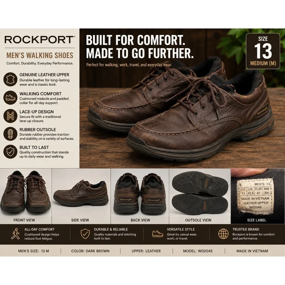 Rockport Men's Brown Leather Walking Shoes Size 13M Lace-Up Comfort Casual