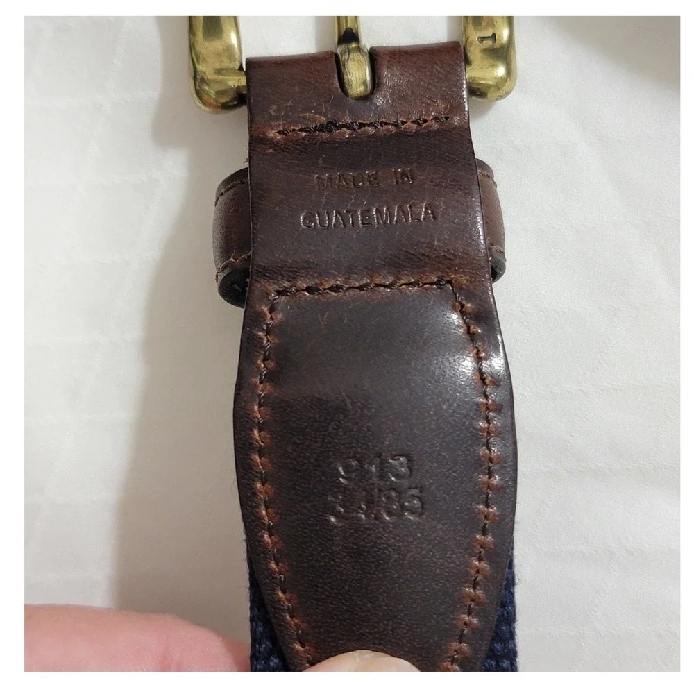 Mens Navy Blue Surcingle Canvas Leather Belt Brown Trim Solid Brass Buckle 34