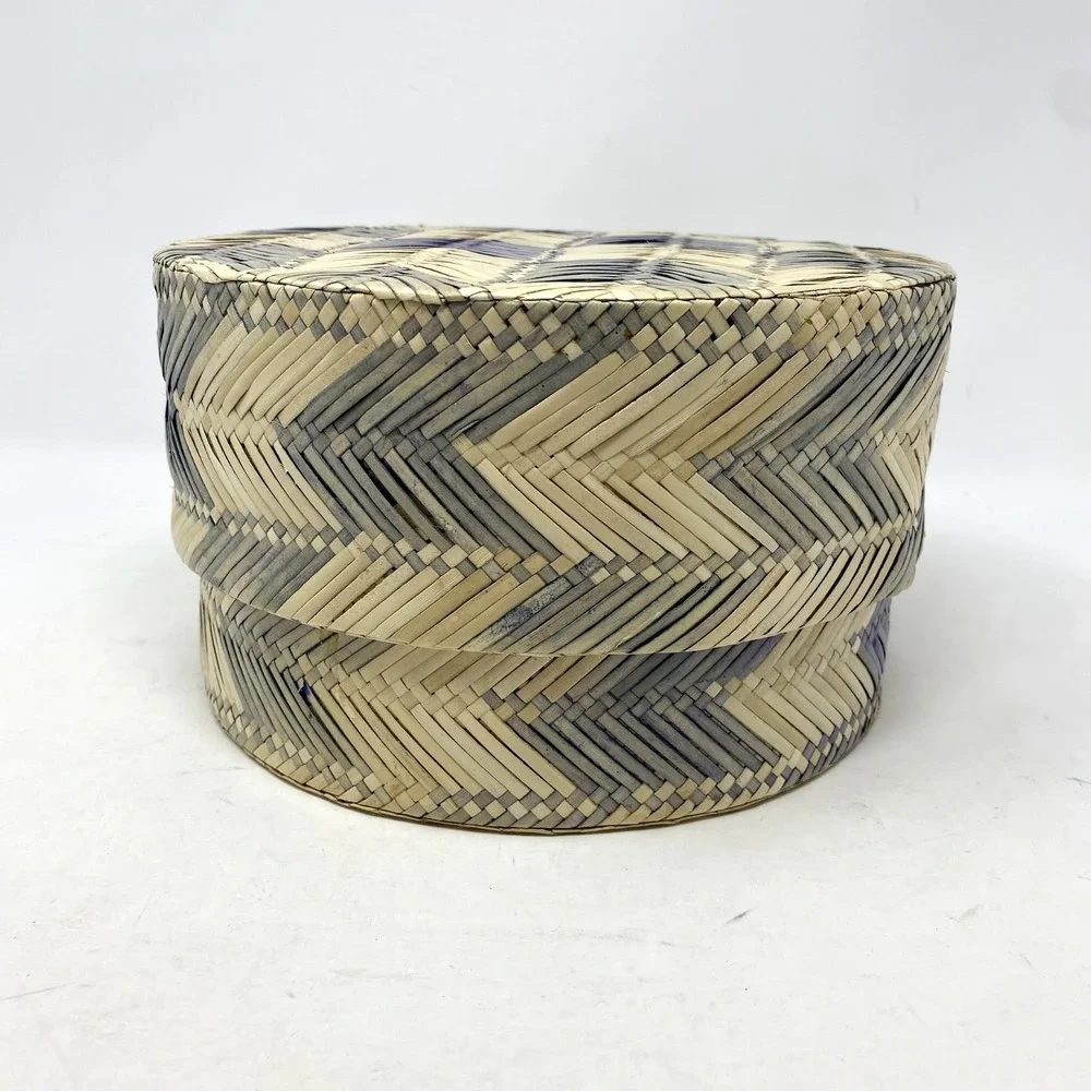 Anthropologie Woven Container Round‎ Bamboo Lid Blue Chevron Stripe Indonesia