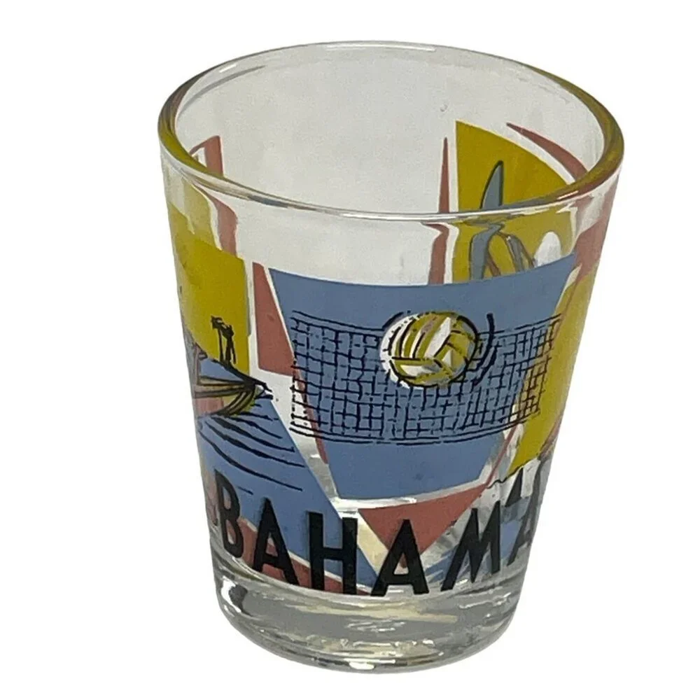 Vintage Shot Glass Bahamas Island Surfing Water Ski‎ Sun Volleyball