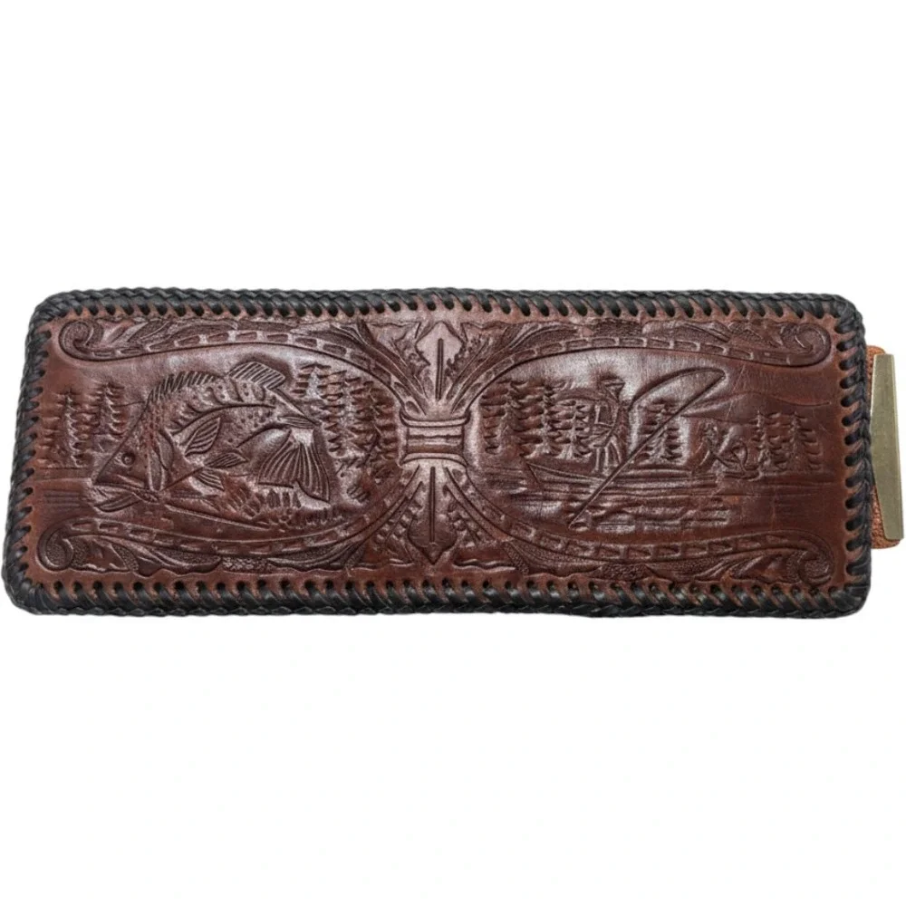 Vintage Hand Tooled Leather Fisherman Bass Wallet Whipstitch Bifold BrownWestern