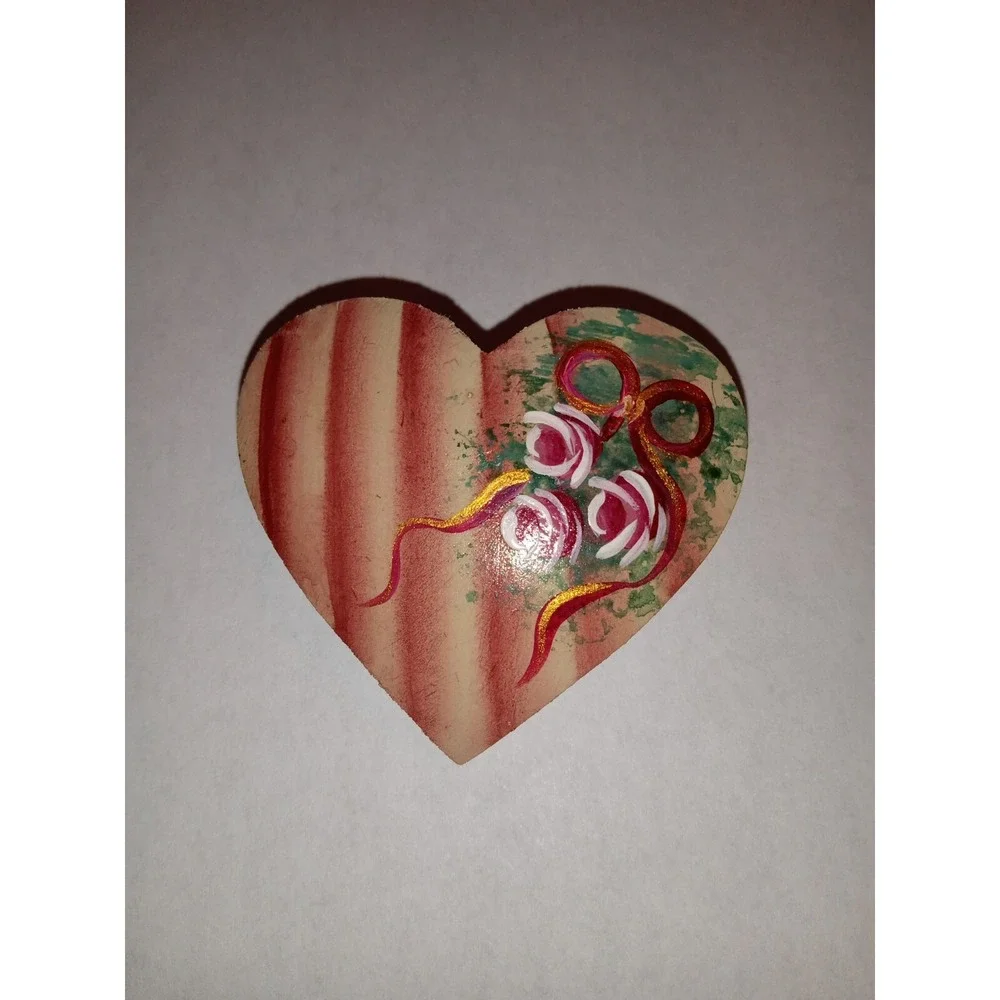 Vintage Hand Painted Wood Heart Brooch Signed‎ Sue 1999 Floral Roses Red Stripes