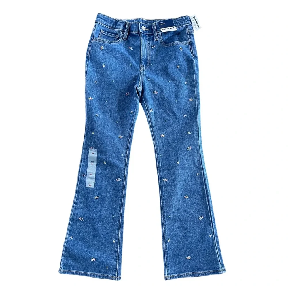 Old Navy‎ Girls High-Rise Flare Embroidered Floral Denim Jeans Blue Size 14 NWT