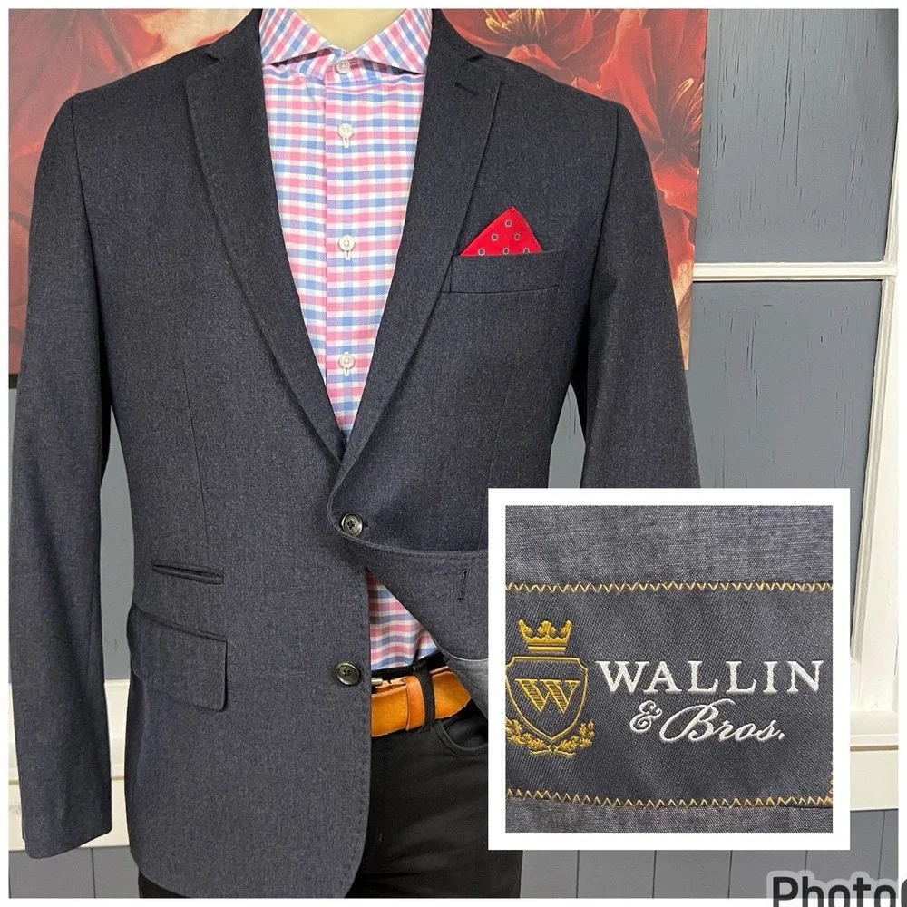 Wallin & Bros Soft Tweeded Blazer Sport Coat Mens 42R Slim Fit Wool Grayish Navy