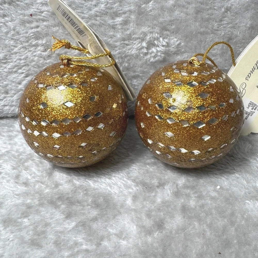 Gold Sparkle Glitter Mosaic Christmas Ornaments Set 2 Glass Look Diamond Pattern