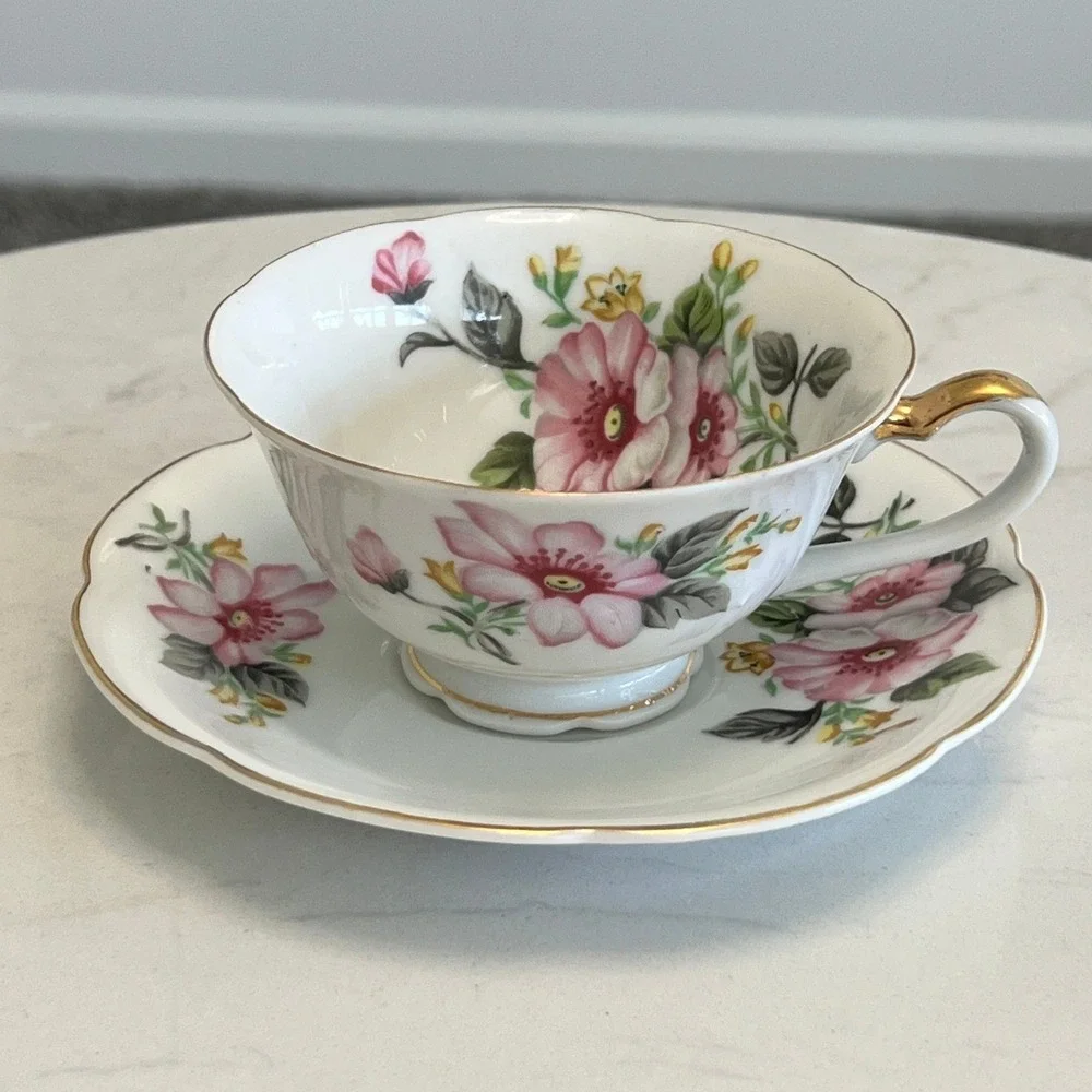 Halsey Fifth Japan Teacup Saucer Floral‎ Porcelain Gold Trim Grandmacore Vtg