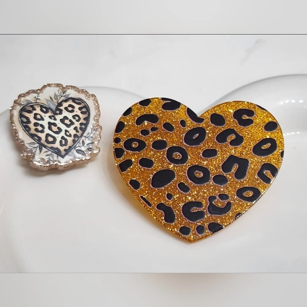 Flatback Cheetah Heart Focal Bead‎ Badge Crafts Keychain Magnet Beaded Pen