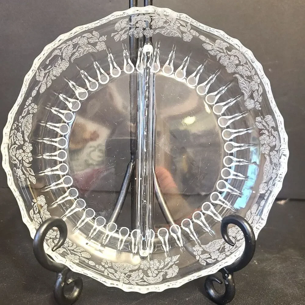 Vintage Relish Dish Divided Clear Etched Glass Scalloped Floral Teardrop MCM