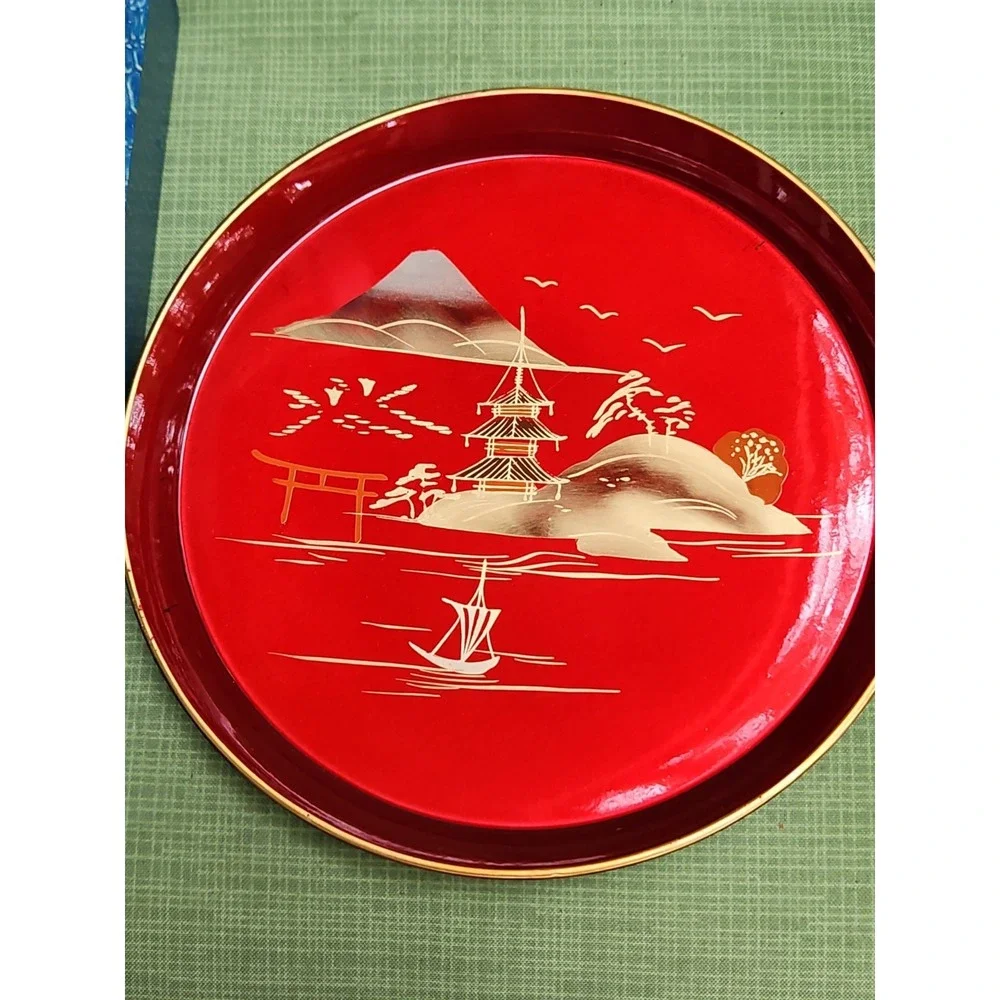 Japanese Aizu Lacquerware Sake Cups Tray Set MT FUJI Red Lacquer Gold Gilt‎ VTG