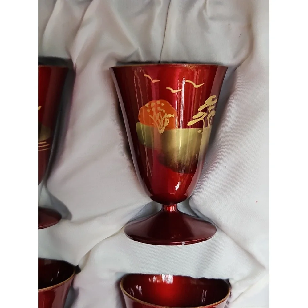 Japanese Aizu Lacquerware Sake Cups Tray Set MT FUJI Red Lacquer Gold Gilt‎ VTG
