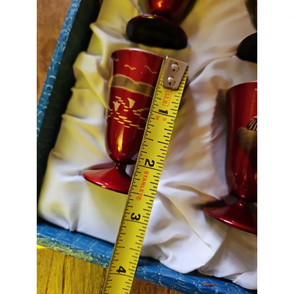 Japanese Aizu Lacquerware Sake Cups Tray Set MT FUJI Red Lacquer Gold Gilt‎ VTG