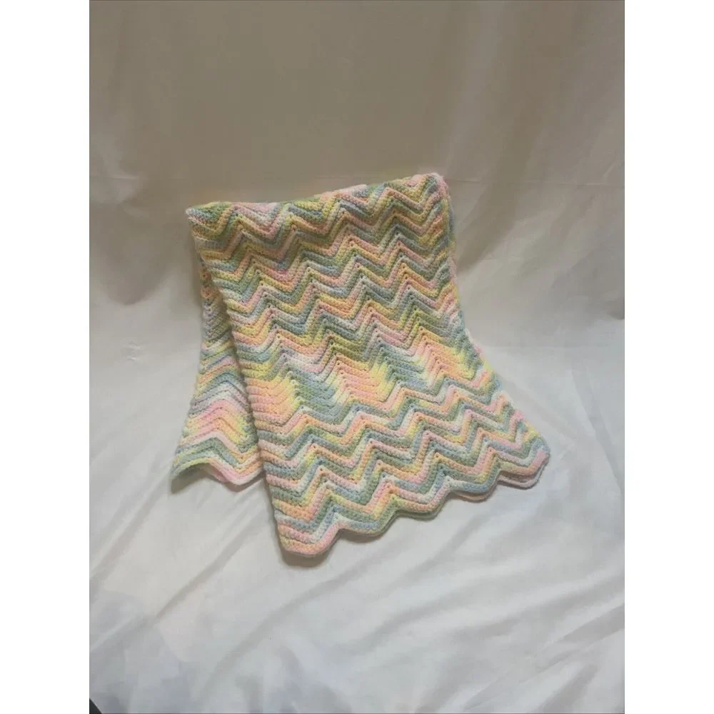 Baby Kids Crochet‎ Afghan Blanket Pink Green Pastel Rainbow Handmade 30x38