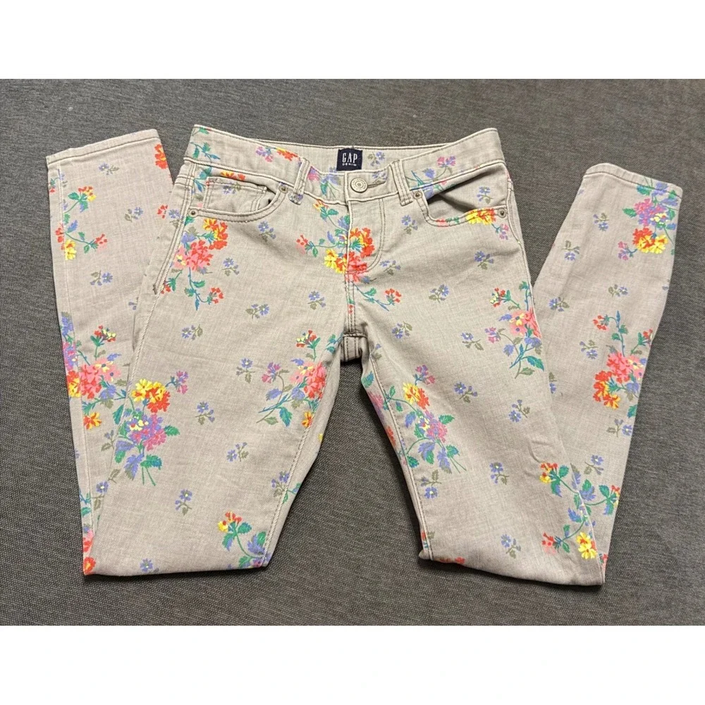 Gap Kids Girls‎ Gray Floral Stretch Super Skinny Jeans Size 8 Regular Adjustable