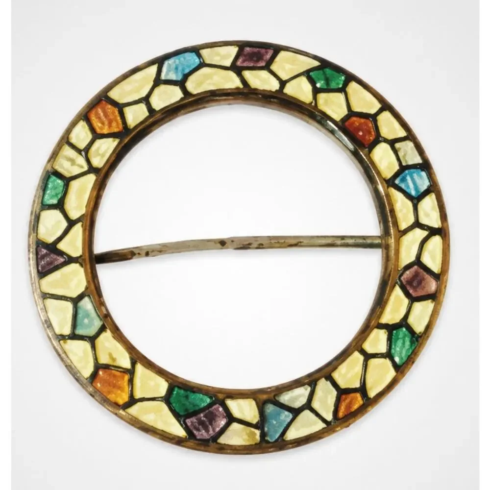 Vintage Guilloche Brooch Pin Circle Wreath‎ White, Pink, Blue Enamel fb1-125