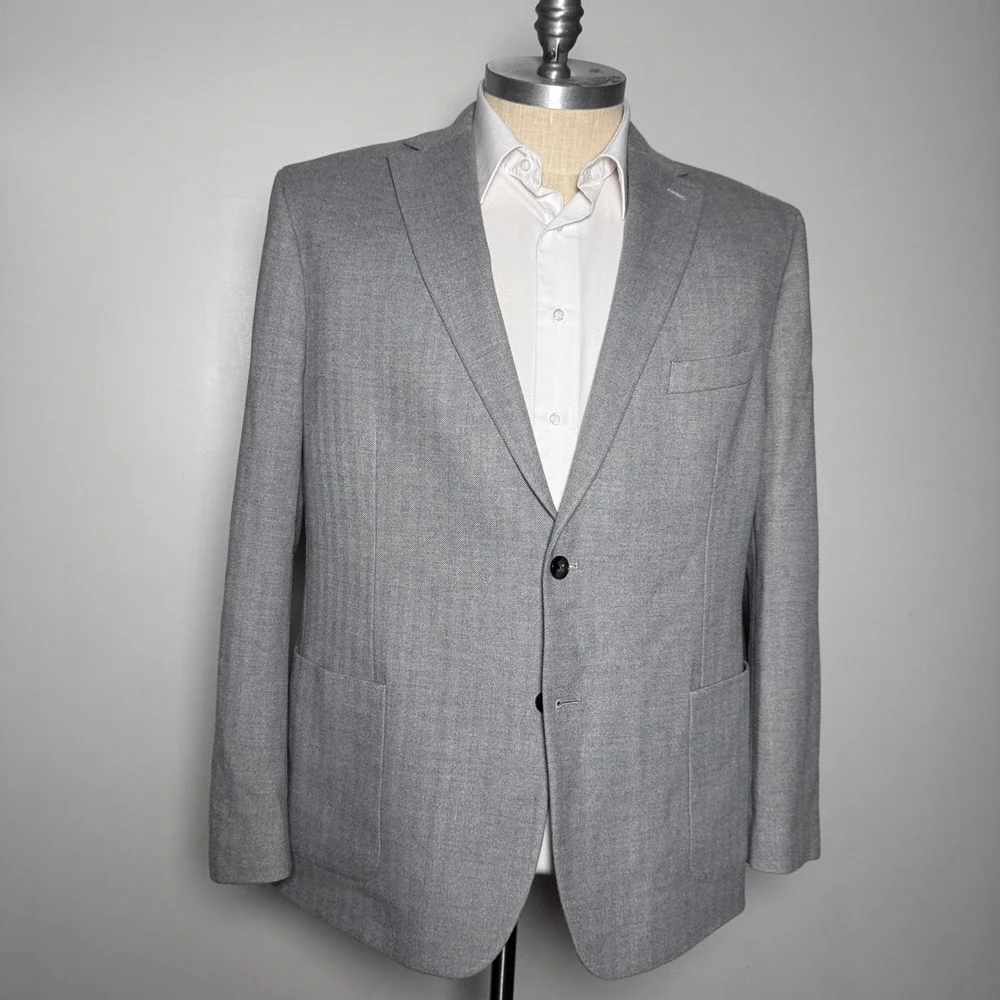Michael Kors Blazer Mens 50R Grey Herringbone‎ Two Button Notch Lapel Sport Coat