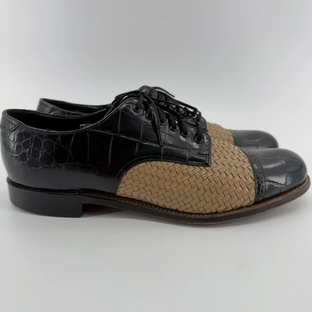 Stacy Adams Mens Black Croc Tan Woven Leather Cap Toe Oxford‎ Shoes 10