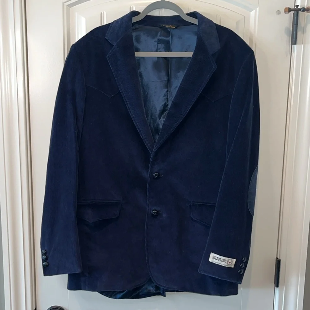 Sharp Sheplers navy blue corduroy western blazer sport coat elbow patches 42L